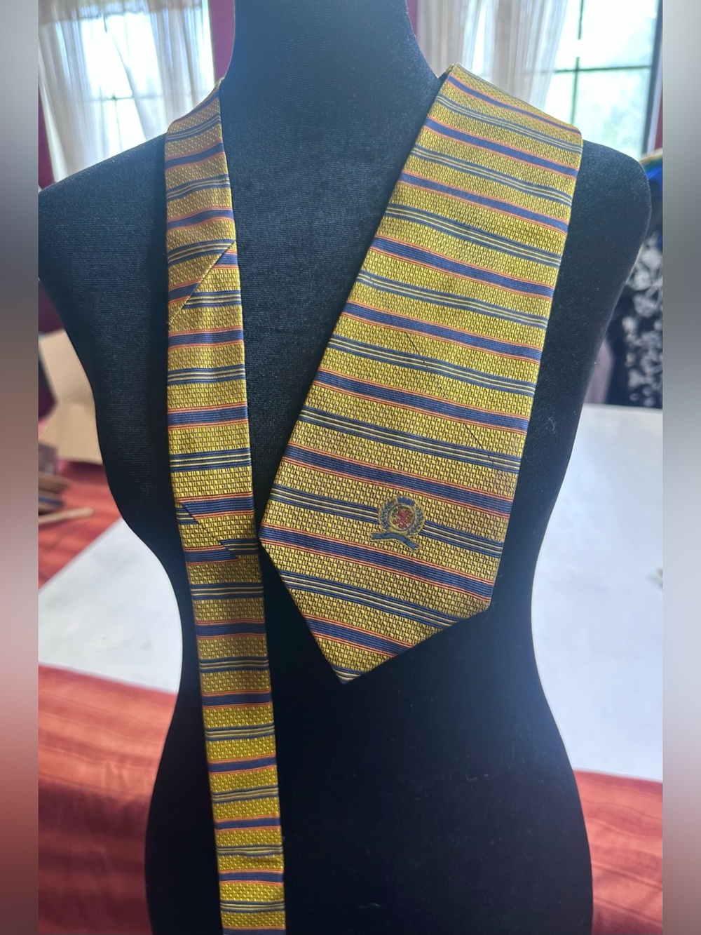 Tommy Hilfiger Silk Tie Gold Blue Rust Striped Woven Logo Classic Width USA